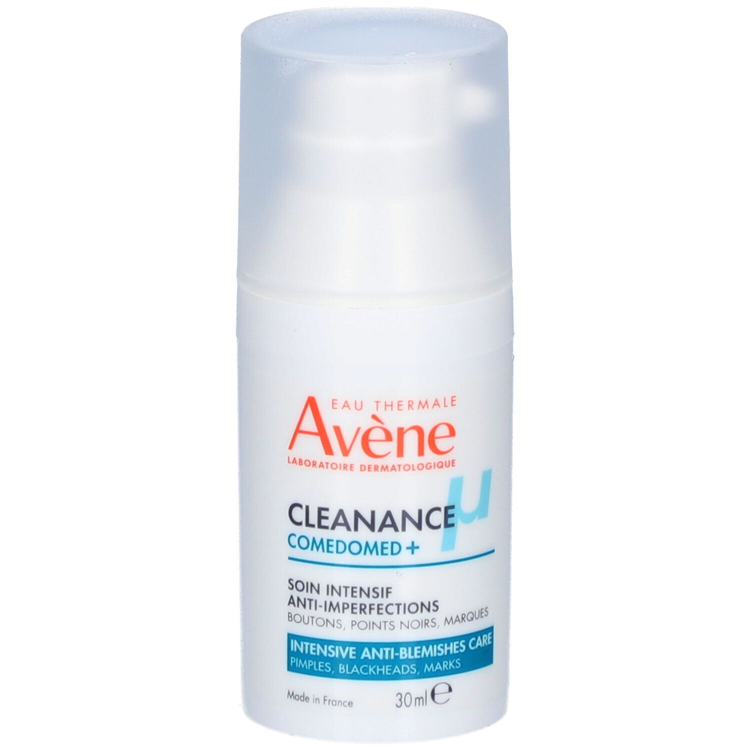 Weiße Flasche mit Pumpverschluss. Aufschrift: Avène, Cleanance Comedomed+, Anti-Unreinheiten.