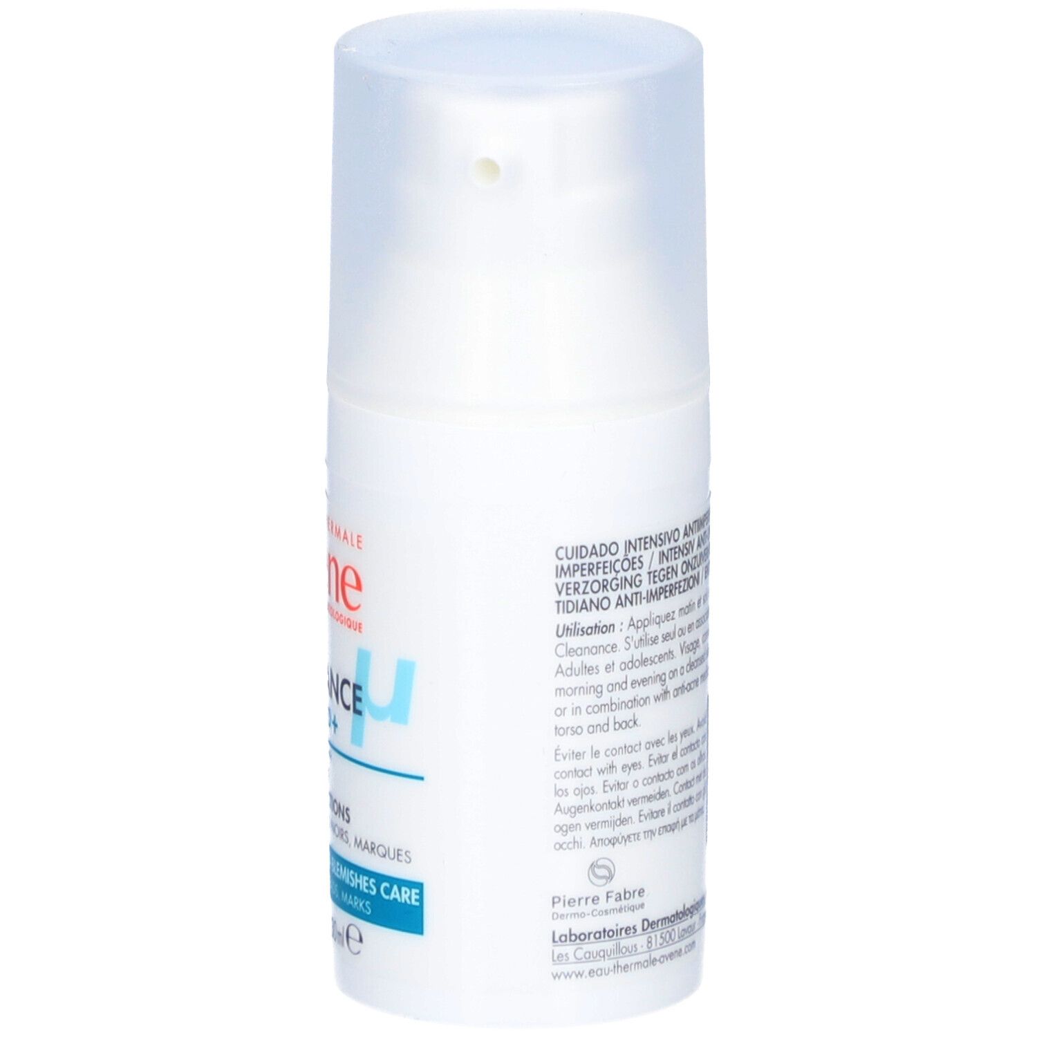 Weiße Flasche mit Pumpverschluss. Aufschrift: Avène, Cleanance Comedomed+, Anti-Unreinheiten.