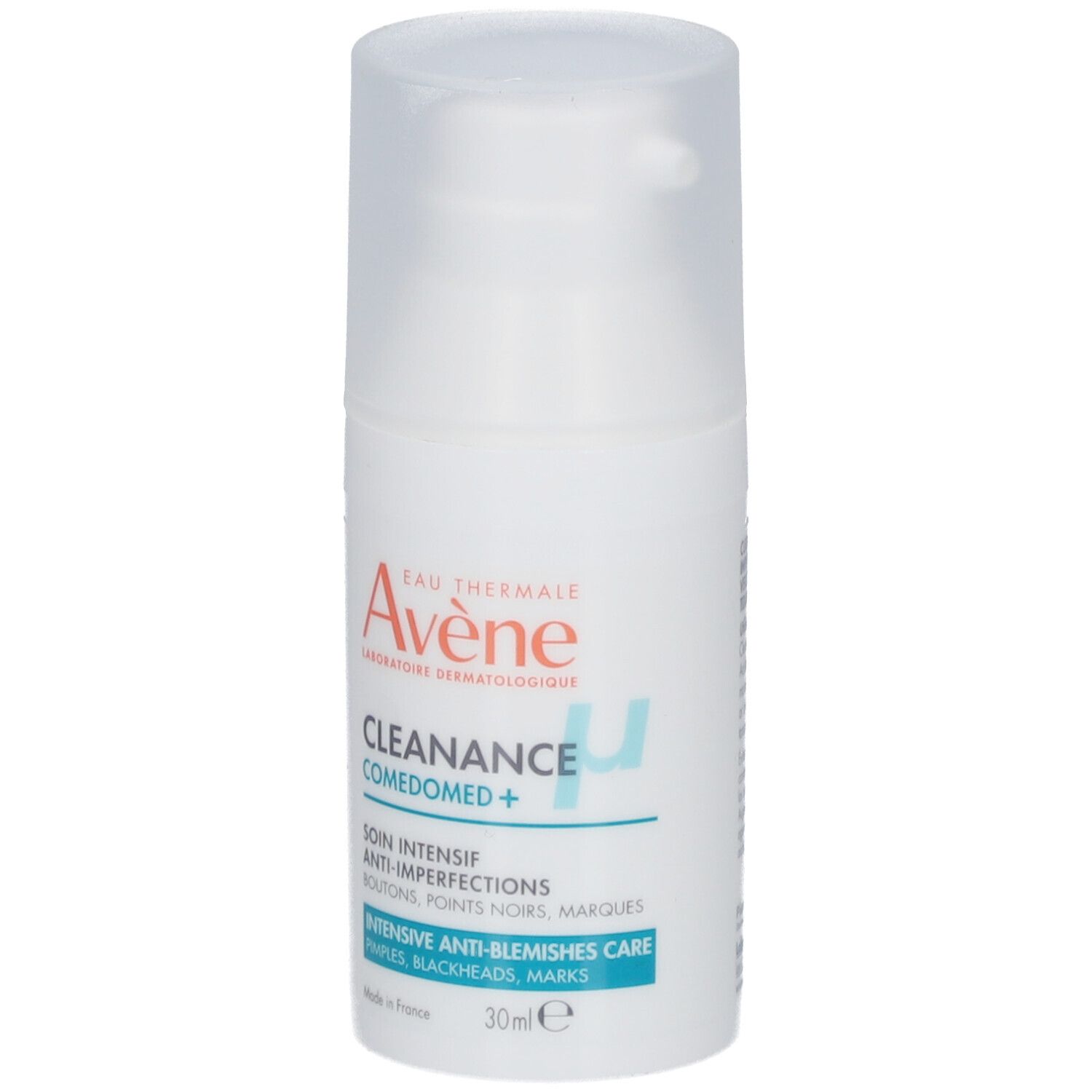 Weiße Flasche mit Pumpverschluss. Aufschrift: Avène, Cleanance Comedomed+, Anti-Unreinheiten.
