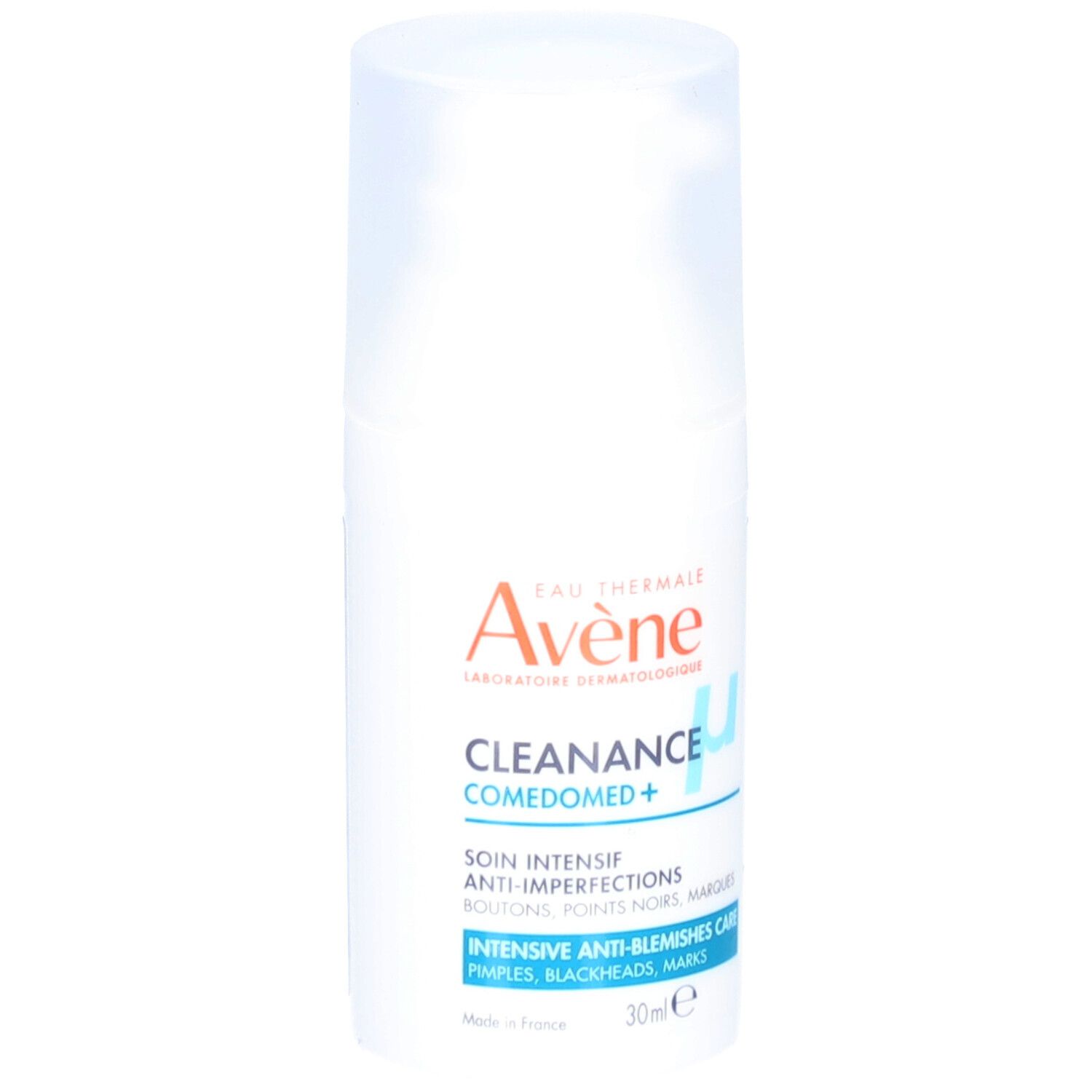 Weiße Flasche mit Pumpverschluss. Aufschrift: Avène, Cleanance Comedomed+, Anti-Unreinheiten.