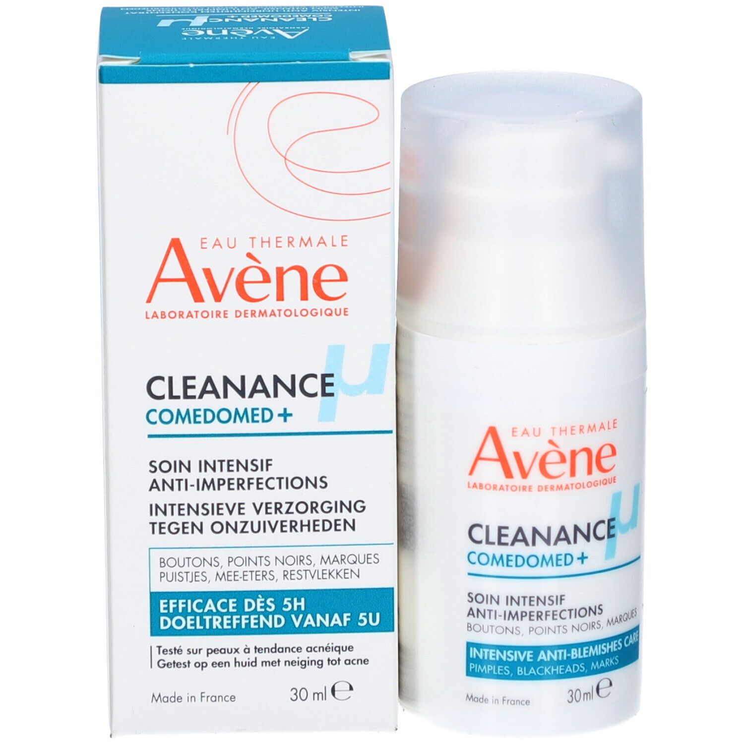 Produktflasche und Verpackung. Aufschrift: Avène, Cleanance Comedomed+, Anti-Unreinheiten. Box.