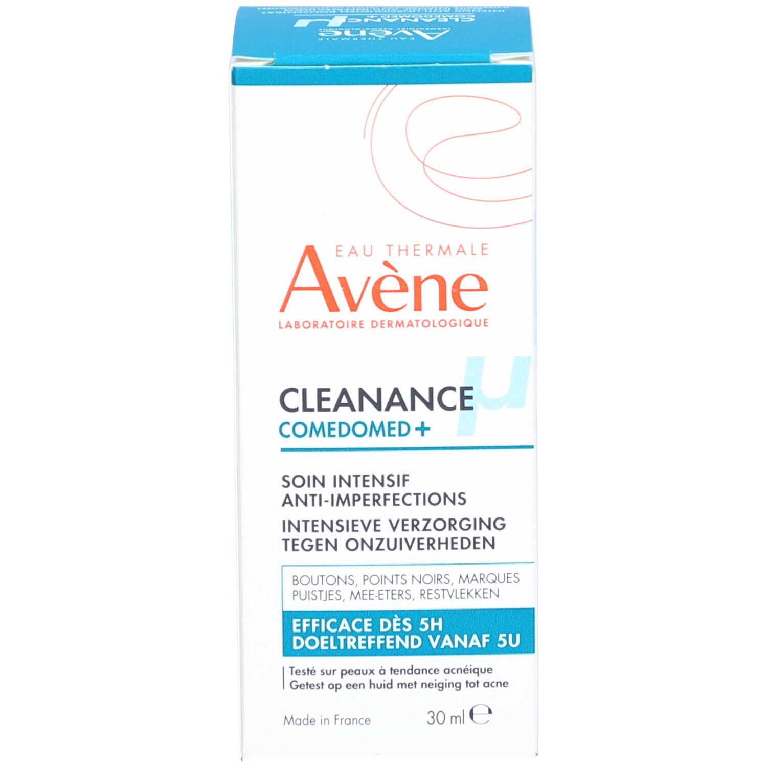 Produktflasche und Verpackung. Aufschrift: Avène, Cleanance Comedomed+, Anti-Unreinheiten. Box.