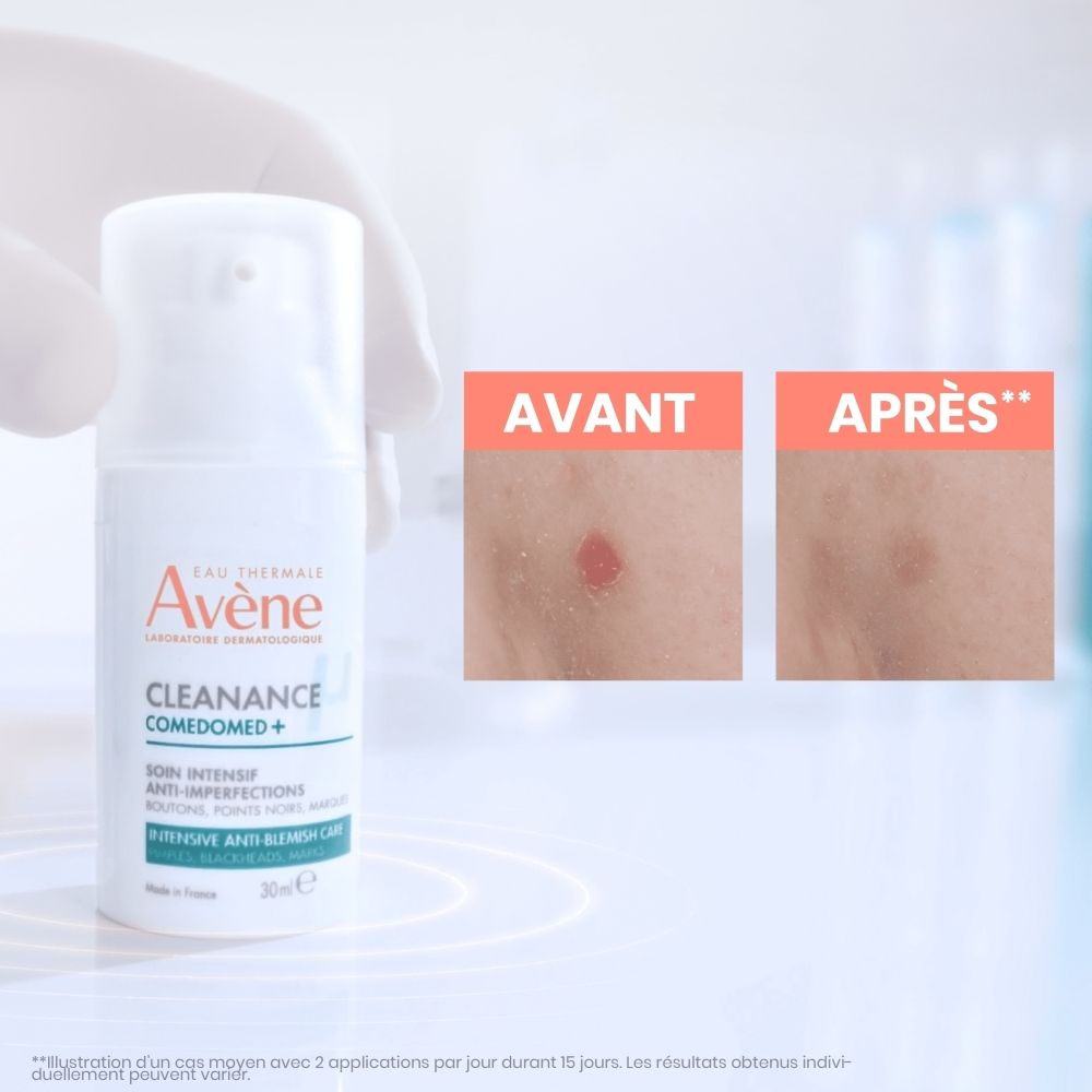 Flacon Avène Cleanance Comedomed+. Blanc, avec pompe. Texte: Cleanance Comedomed+, 30ml.