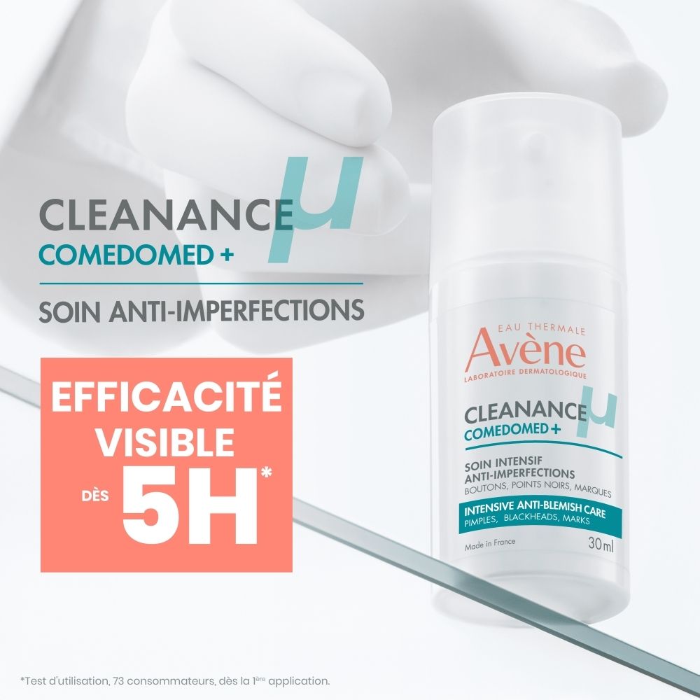 Flacon Avène Cleanance Comedomed+. Blanc, avec pompe. Texte: Cleanance Comedomed+, 30ml.