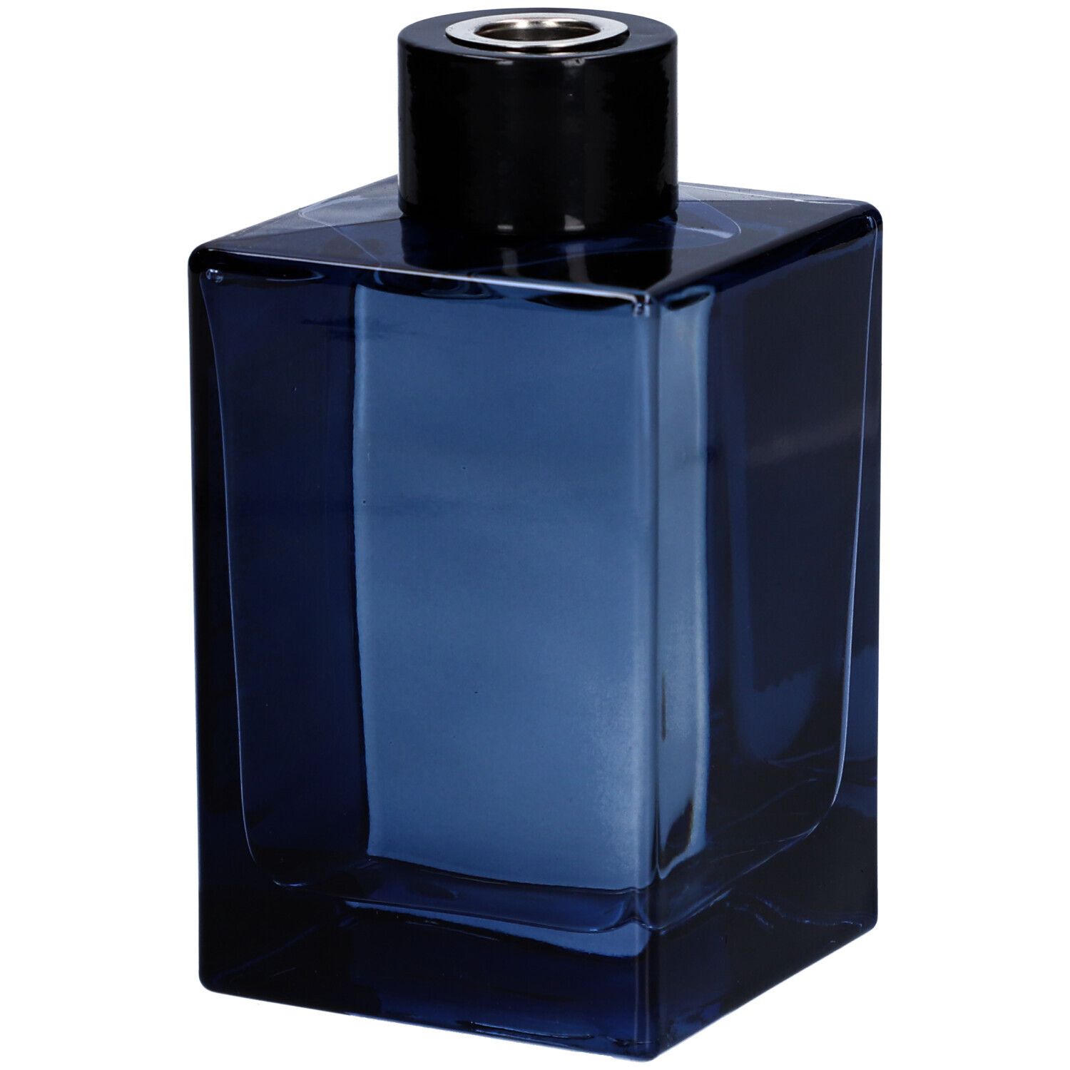 Blauer Glasdiffusor mit schwarzem Deckel. Keine Etiketten sichtbar.