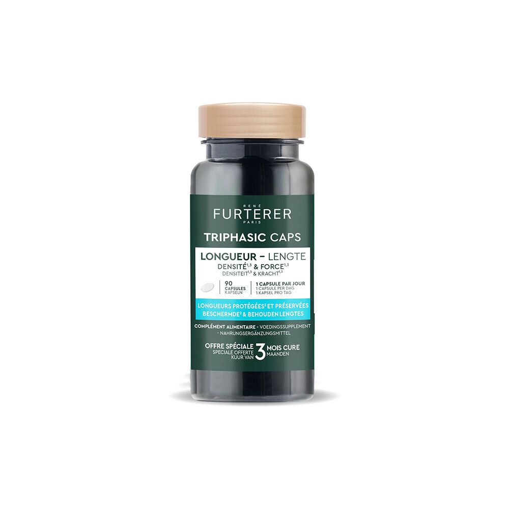 Flacon de capsules. Inscription: René Furterer, Triphasic Caps Longueur. 90 capsules. Cure de 3 mois.