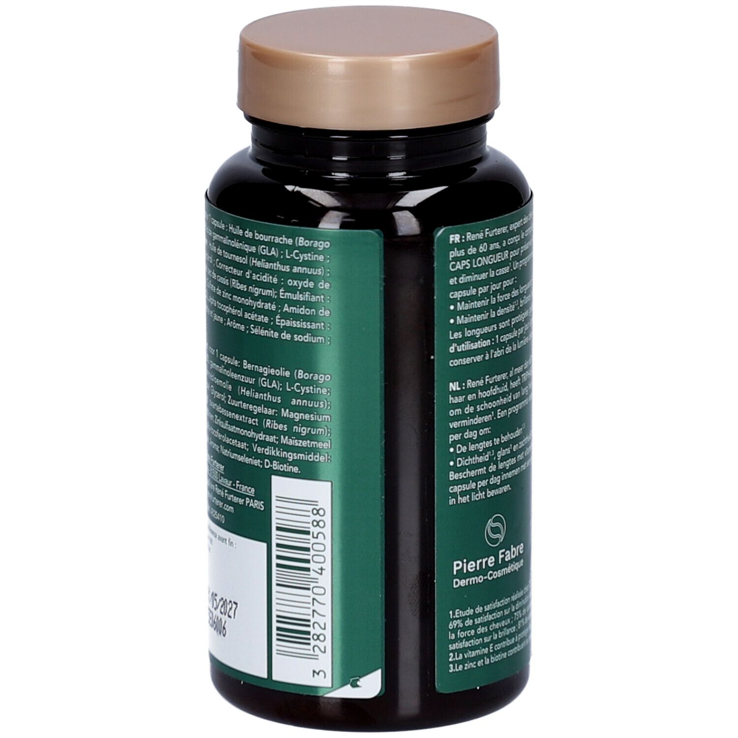 Rückseite der Flasche mit Inhaltsstoffen. René Furterer Triphasic Caps Longueur. Pierre Fabre Dermo-Cosmétique.