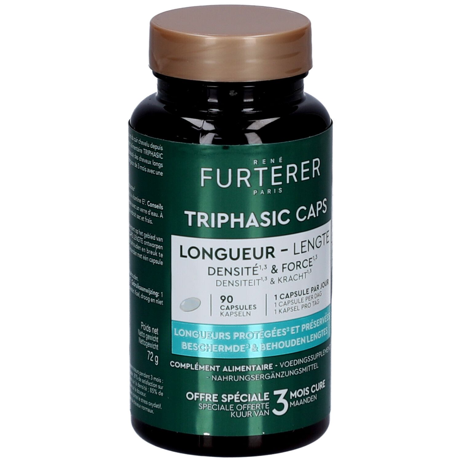 Dunkle Flasche mit Kapseln. Aufschrift: René Furterer, Triphasic Caps Longueur. 90 Kapseln. 3-Monats-Kur.