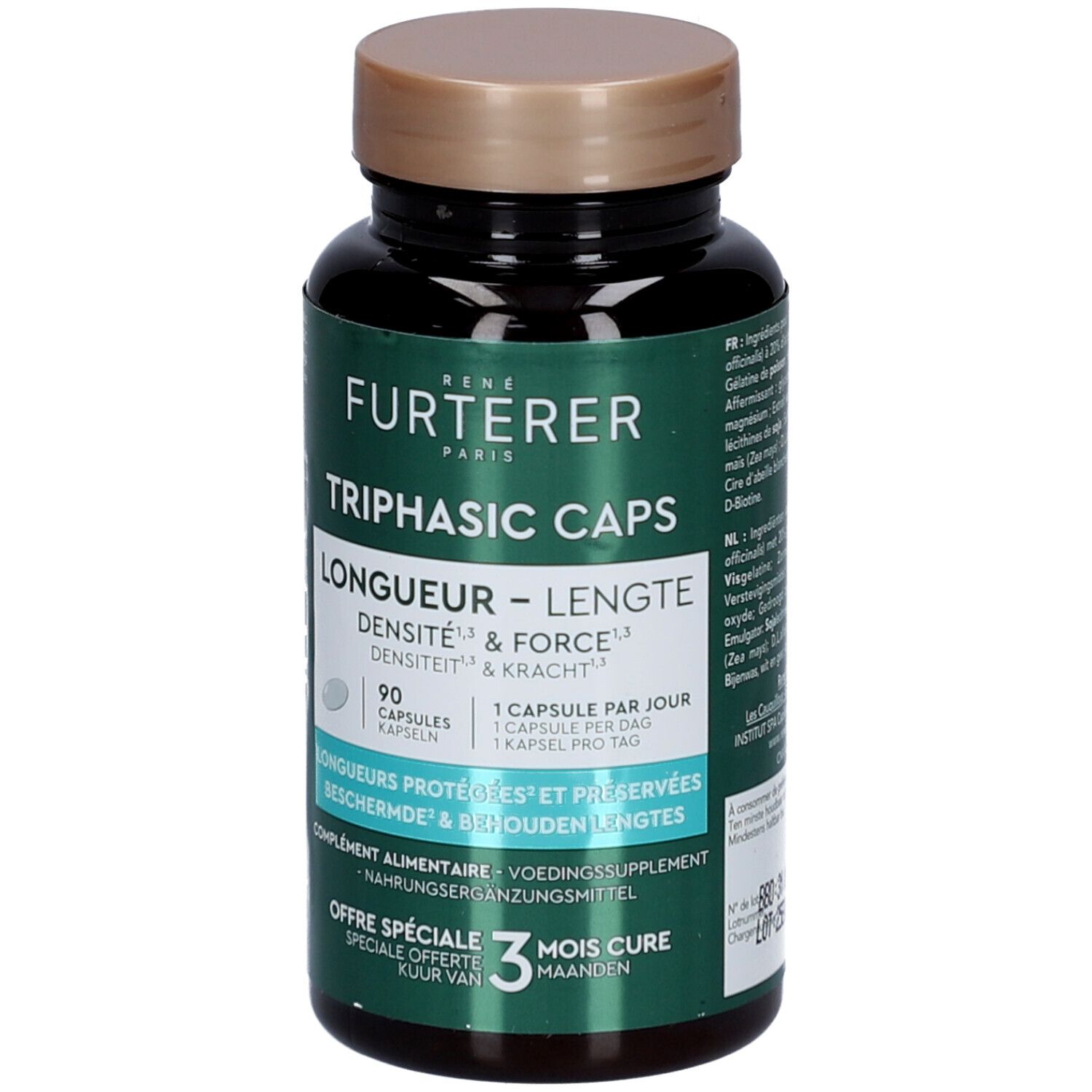Dunkle Flasche mit Kapseln. Aufschrift: René Furterer, Triphasic Caps Longueur. 90 Kapseln. 3-Monats-Kur.