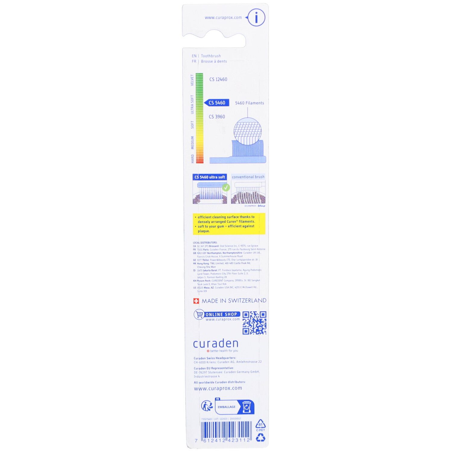 Rückseite der Blisterverpackung mit Produktinformationen und Diagrammen. Marke: Curaden, Hergestellt in der Schweiz.