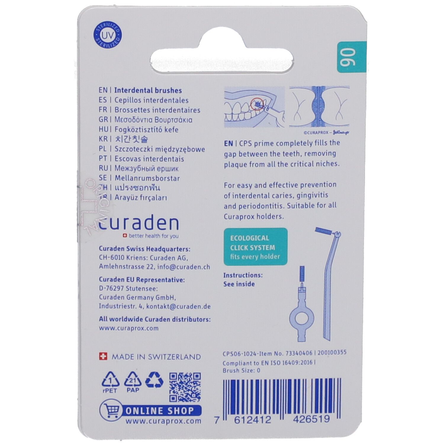 Rückseite der Verpackung mit Produktinformationen. Text in mehreren Sprachen. Illustrationen und Informationen zur Anwendung.