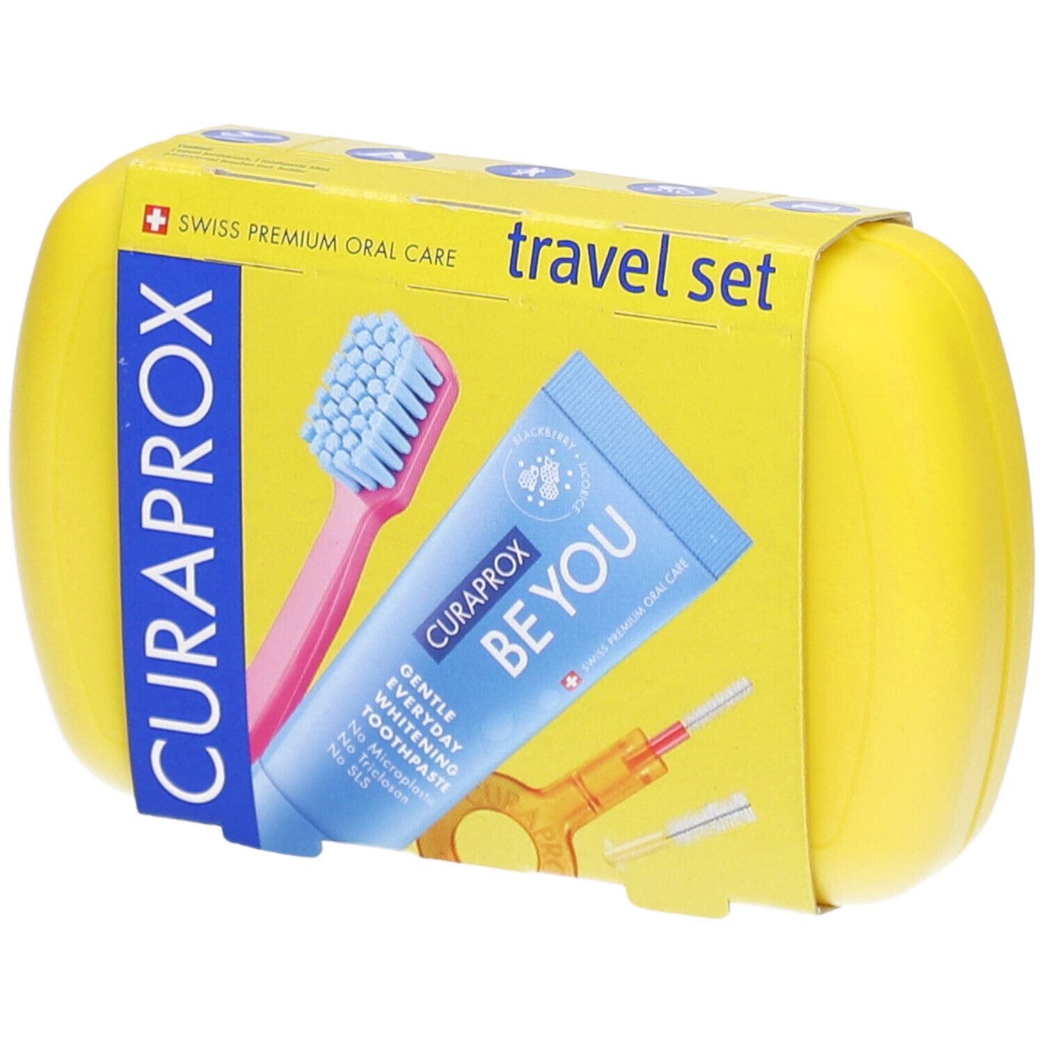 Gelbes Reise-Set mit Zahnbürste, Zahnpasta und Interdentalbürsten. Verpackung mit Curaprox-Logo.