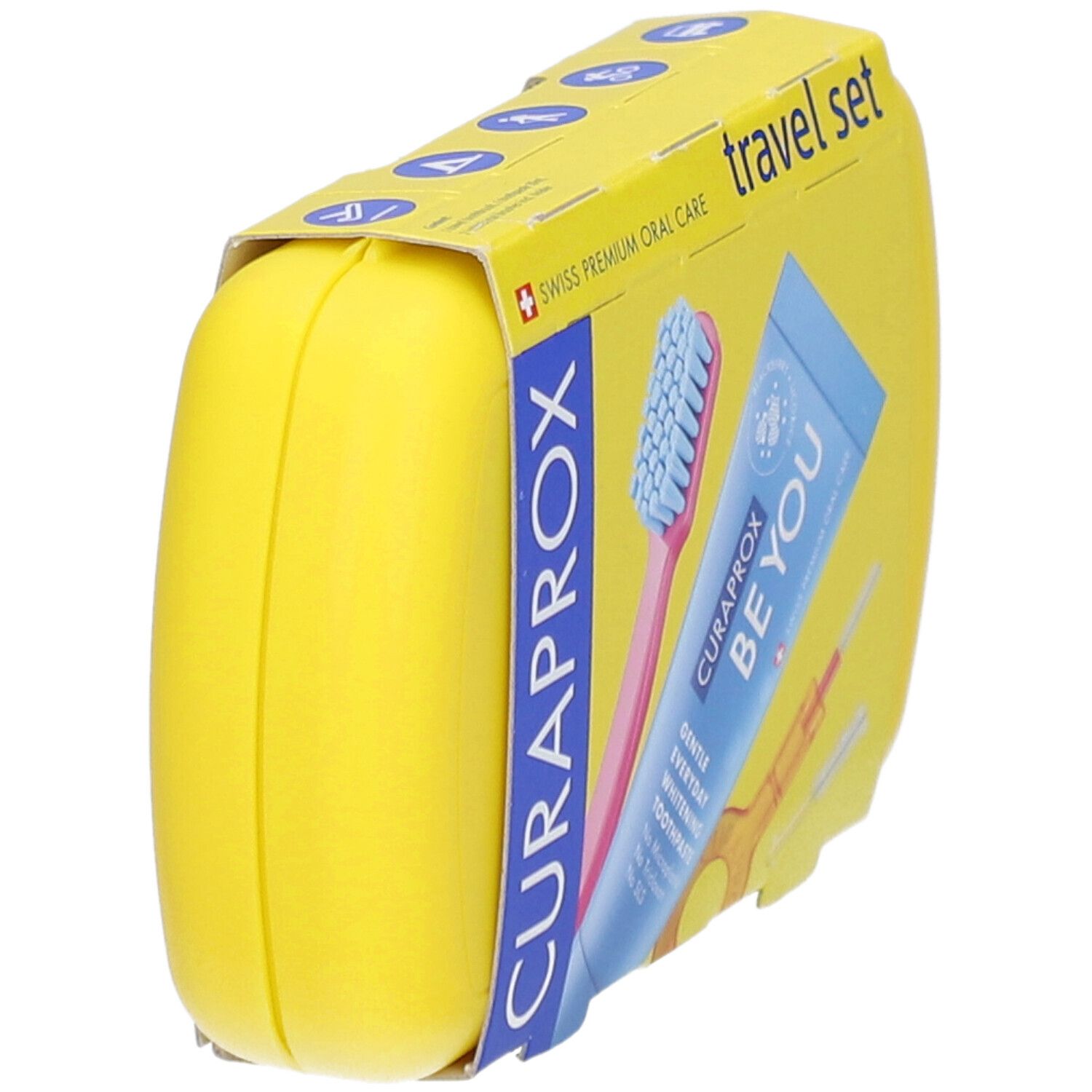 Gelbes Reise-Set mit Zahnbürste, Zahnpasta und Interdentalbürsten. Verpackung mit Curaprox-Logo.
