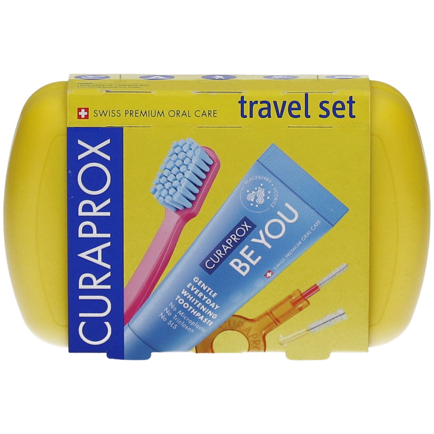 Gelbes Reise-Set mit Zahnbürste, Zahnpasta und Interdentalbürsten. Verpackung mit Curaprox-Logo.