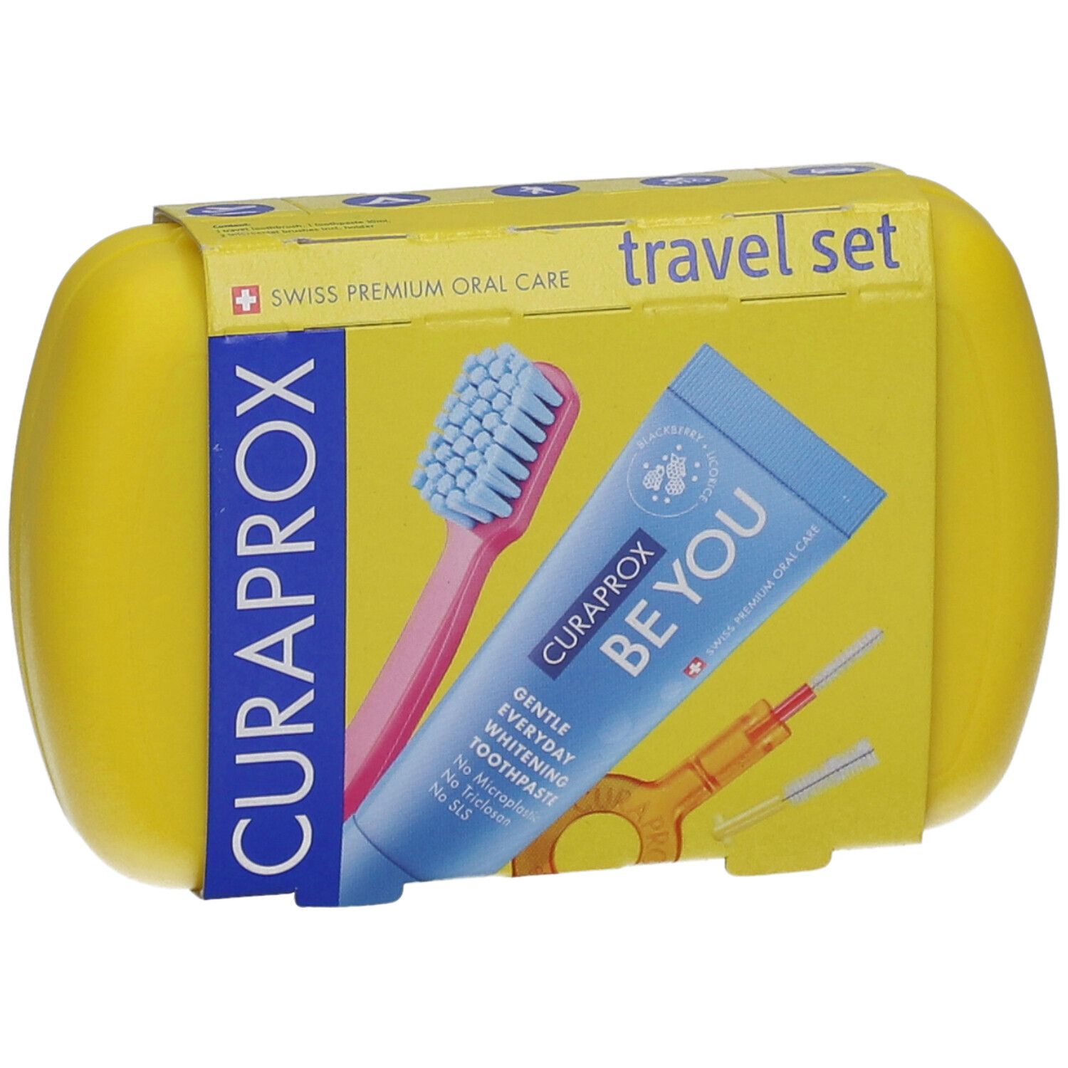 Gelbes Reise-Set mit Zahnbürste, Zahnpasta und Interdentalbürsten. Verpackung mit Curaprox-Logo.