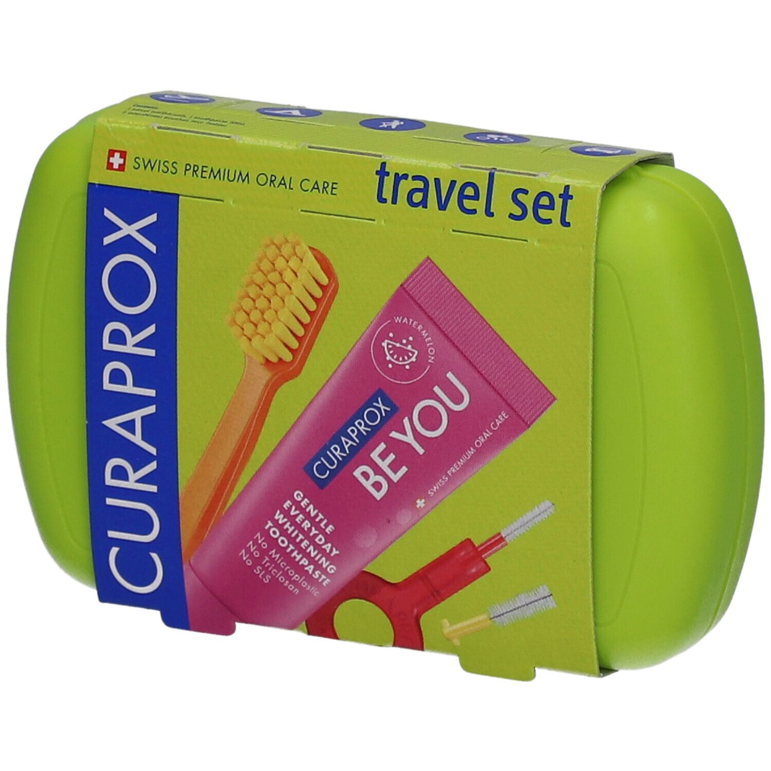 Grünes Reise-Set mit Zahnbürste, Zahnpasta und Interdentalbürsten. Verpackung mit Produktnamen und Logo.