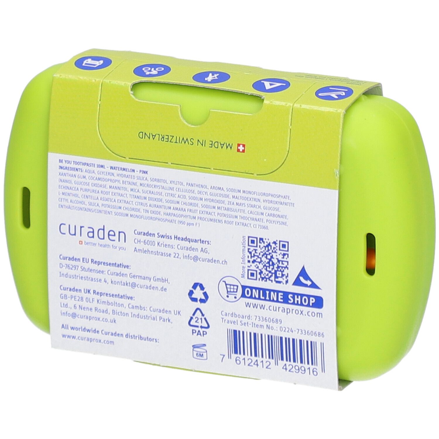 Rückseite des grünen Reise-Sets. Enthält Informationen zu Inhaltsstoffen, Hersteller und Online-Shop-Adresse.