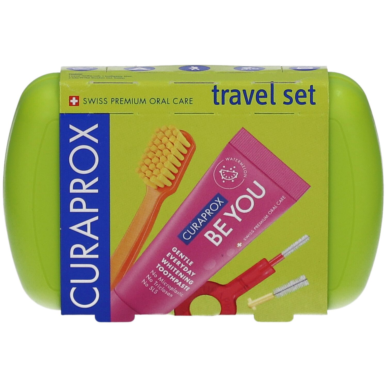 Grünes Reise-Set mit Zahnbürste, Zahnpasta und Interdentalbürsten. Verpackung mit Produktnamen und Logo.