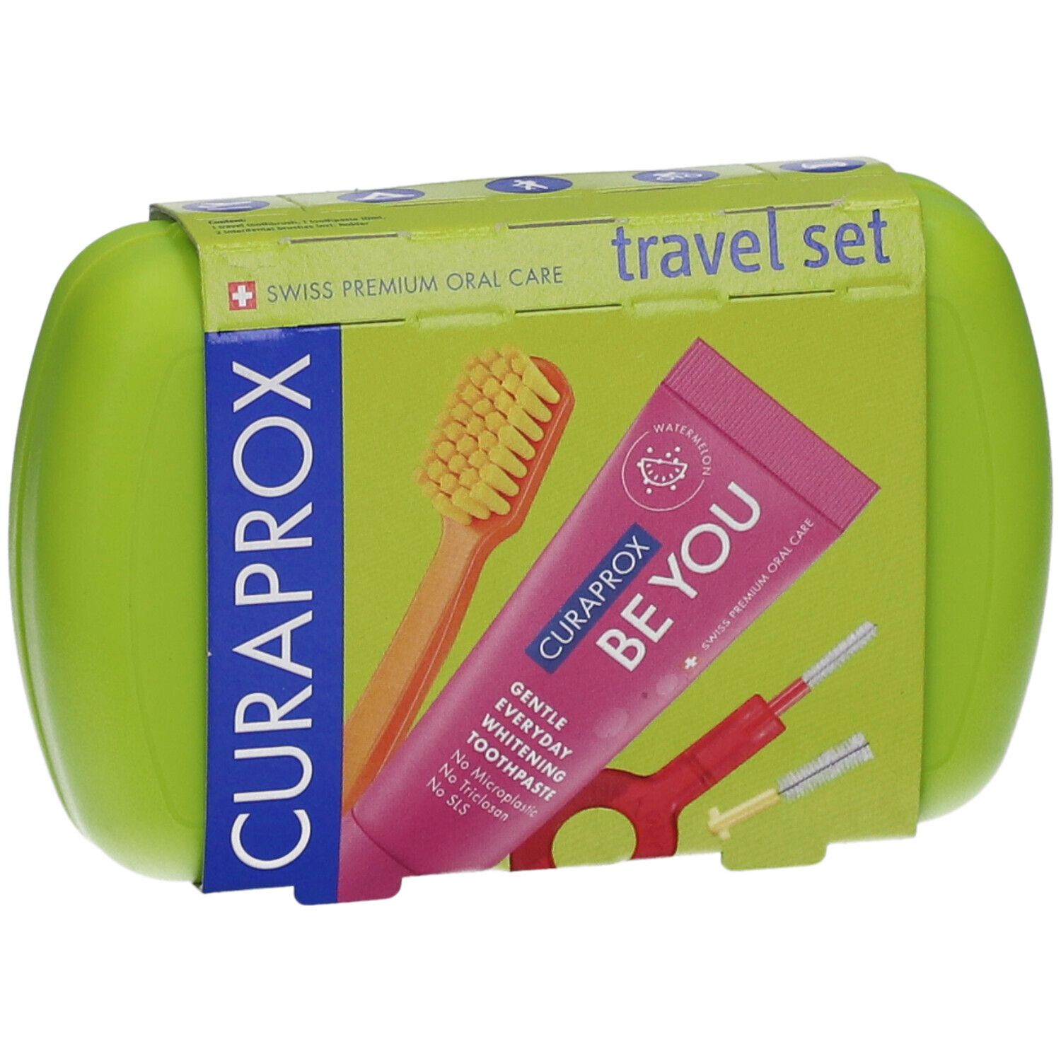 Grünes Reise-Set mit Zahnbürste, Zahnpasta und Interdentalbürsten. Verpackung mit Produktnamen und Logo.