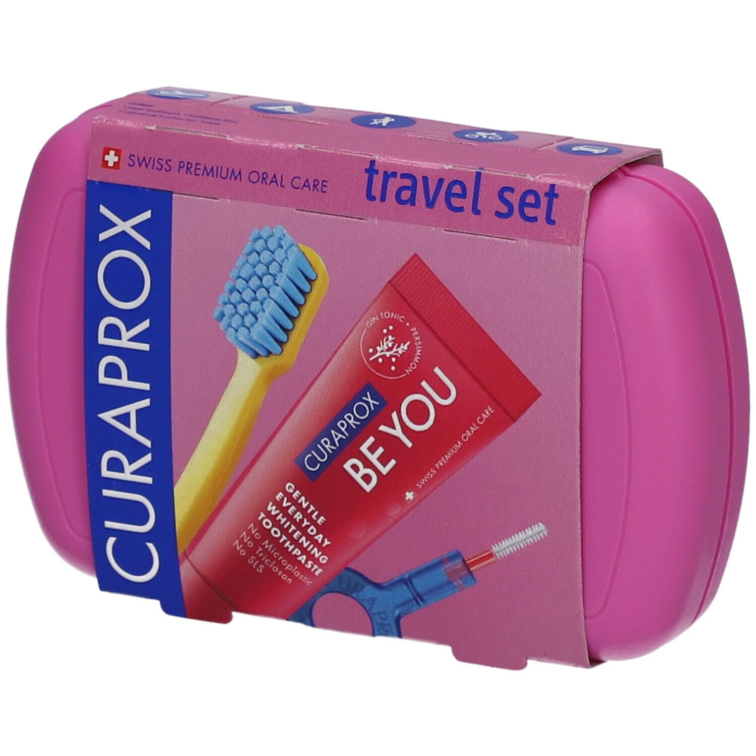 Rosa Reise-Set mit Zahnbürste, Zahnpasta und Interdentalbürste. Marke Curaprox. Verpackung mit Produktabbildung.