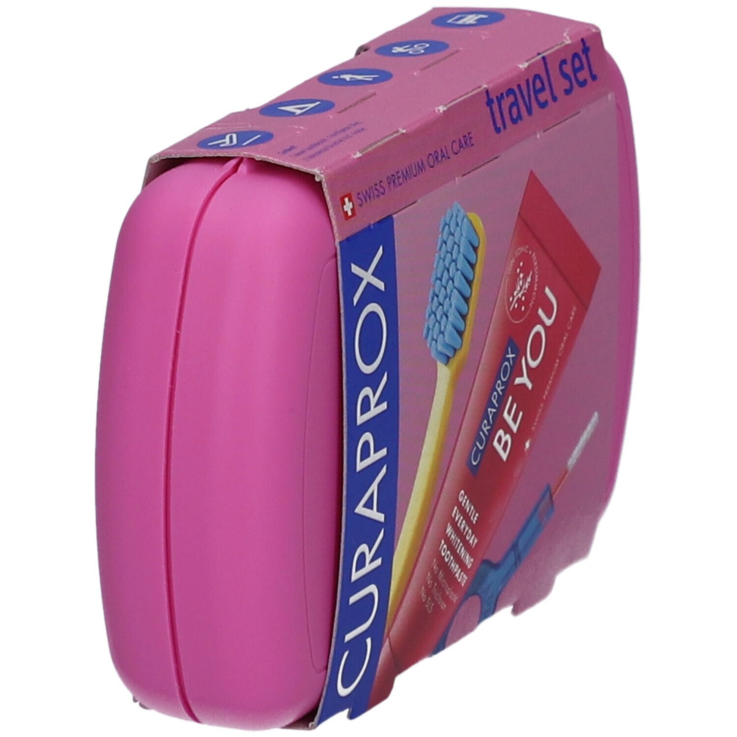 Rosa Reise-Set, Marke Curaprox. Enthält Zahnbürste, Zahnpasta und Interdentalbürste. Seitenansicht der Verpackung.