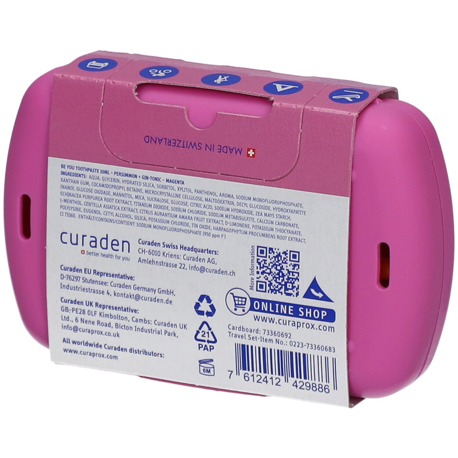 Rückseite des rosa Reise-Sets. Enthält Informationen zu Inhaltsstoffen, Hersteller und Online-Shop-Adresse.