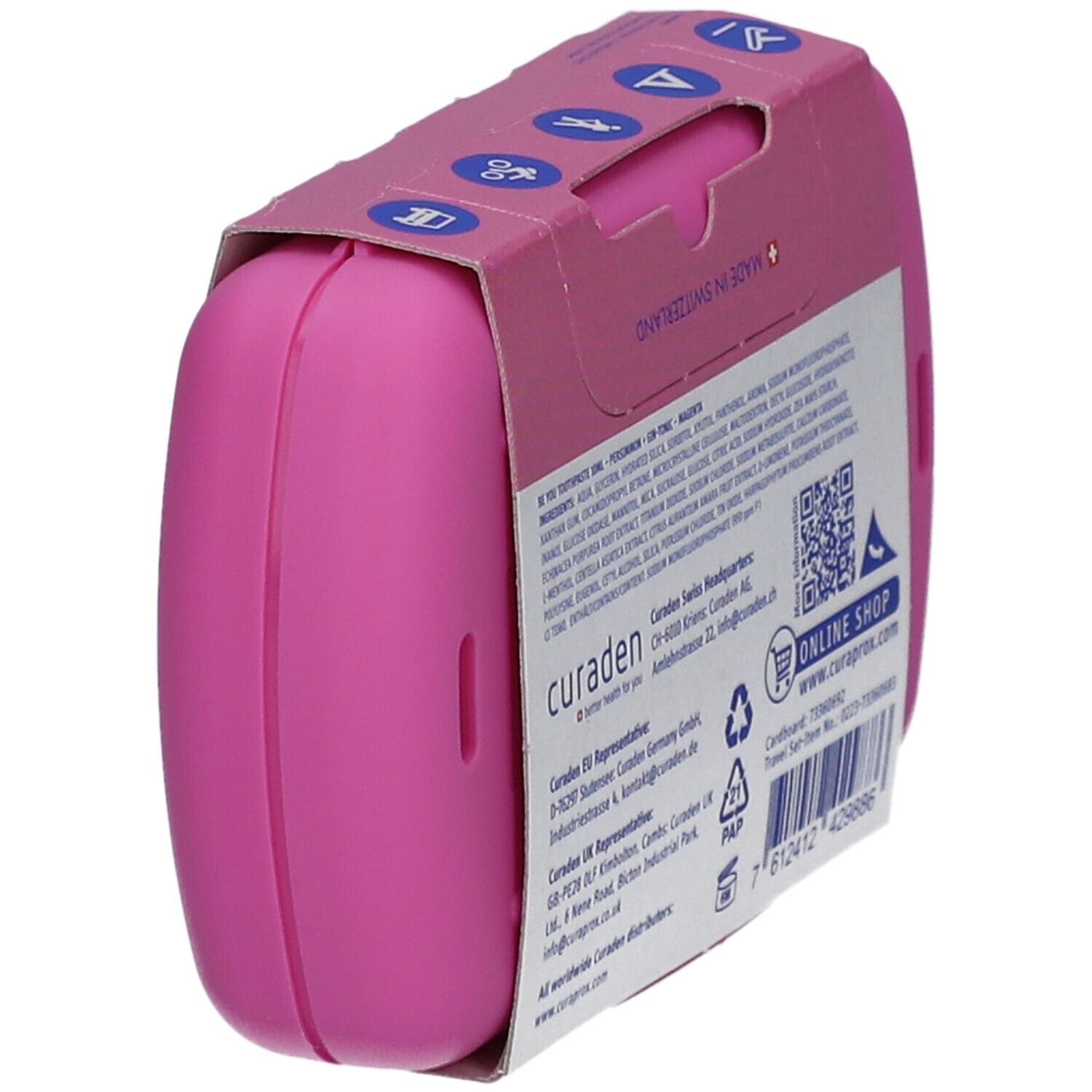 Seitenansicht des rosa Reise-Sets. Enthält Informationen zu Inhaltsstoffen, Hersteller und Online-Shop-Adresse.