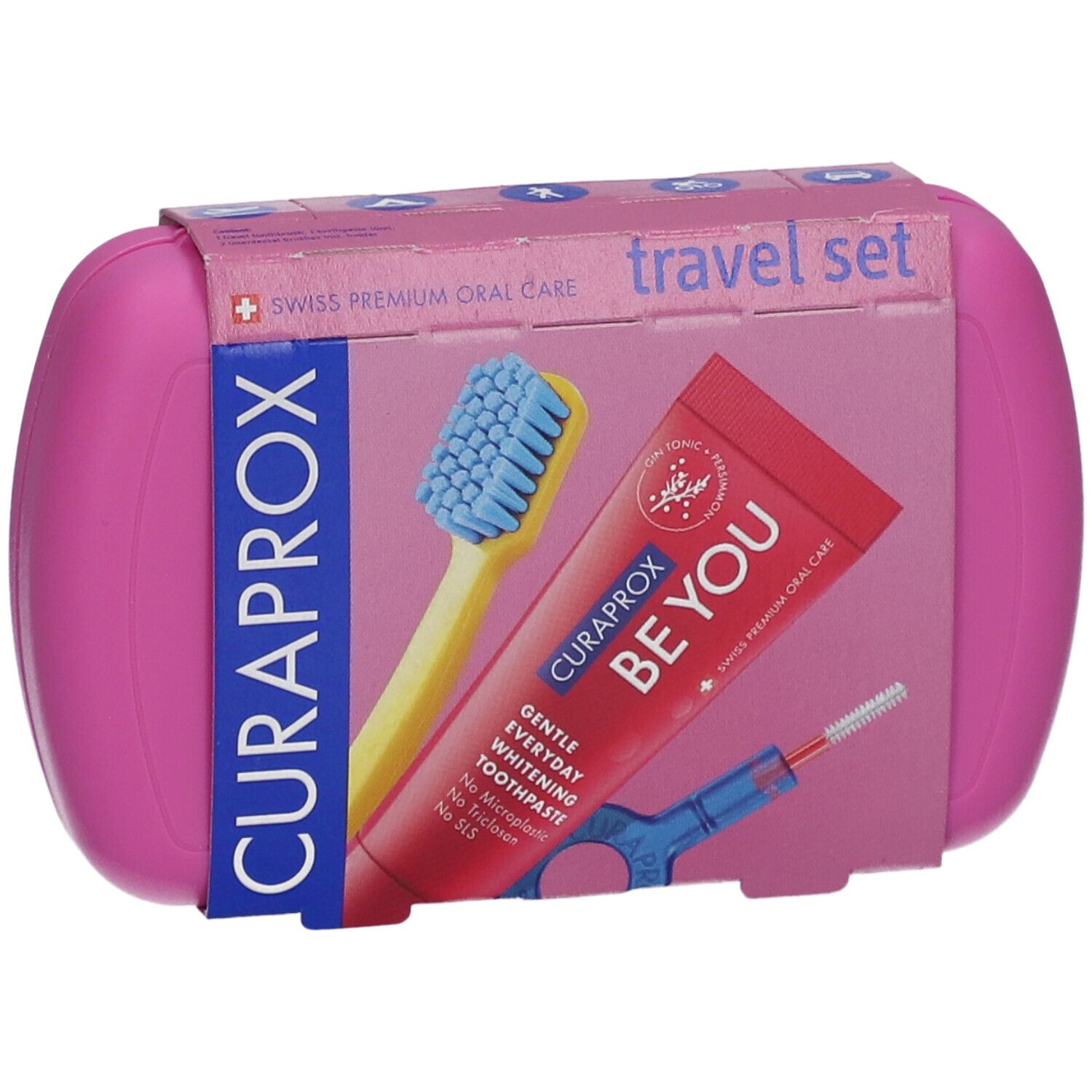Rosa Reise-Set mit Zahnbürste, Zahnpasta und Interdentalbürste. Marke Curaprox. Verpackung mit Produktabbildung.