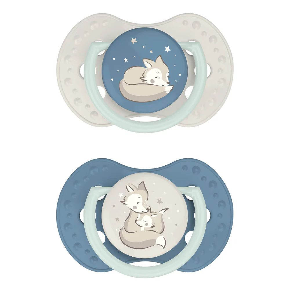 Zwei Schnuller mit Fuchs-Motiv. Blau und beige. Runde Sauger, ovale Schilde. Sterne auf den runden Teilen.