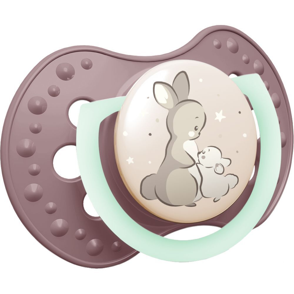 Schnuller mit Hasenmotiv. Lila, beige und mintfarbene Elemente. Runde Form mit Löchern. Für 0-3 Monate.