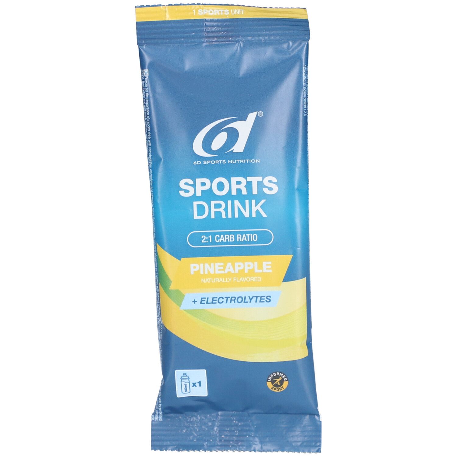 Blauer Beutel mit gelben Akzenten. Aufschrift: Sports Drink, Ananas, Elektrolyte. Logo: 6D Sports Nutrition. 2:1 Carb Ratio.