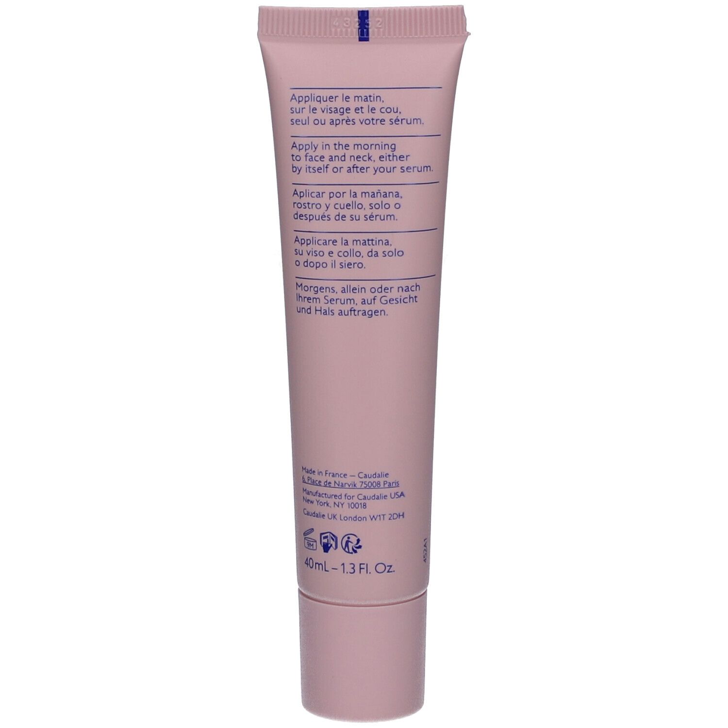 Rückseite der rosa Tube. Enthält Anweisungen in mehreren Sprachen. Marke Caudalie, Produktname und Inhaltsstoffe.