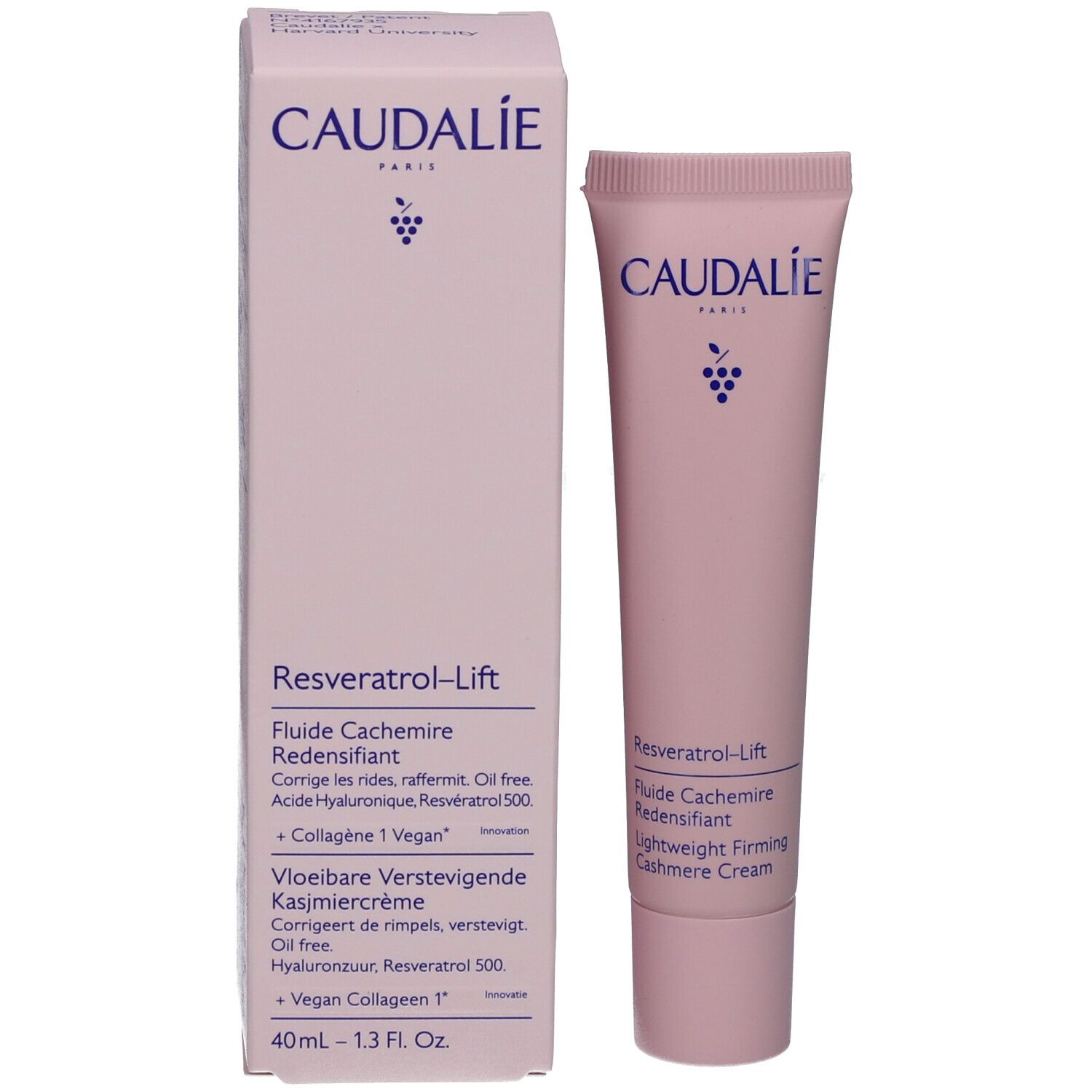 Produktverpackung und Tube. Caudalie Resveratrol-Lift Fluide Cachemire Redensifiant. Inhaltsstoffe und Produktinformationen.