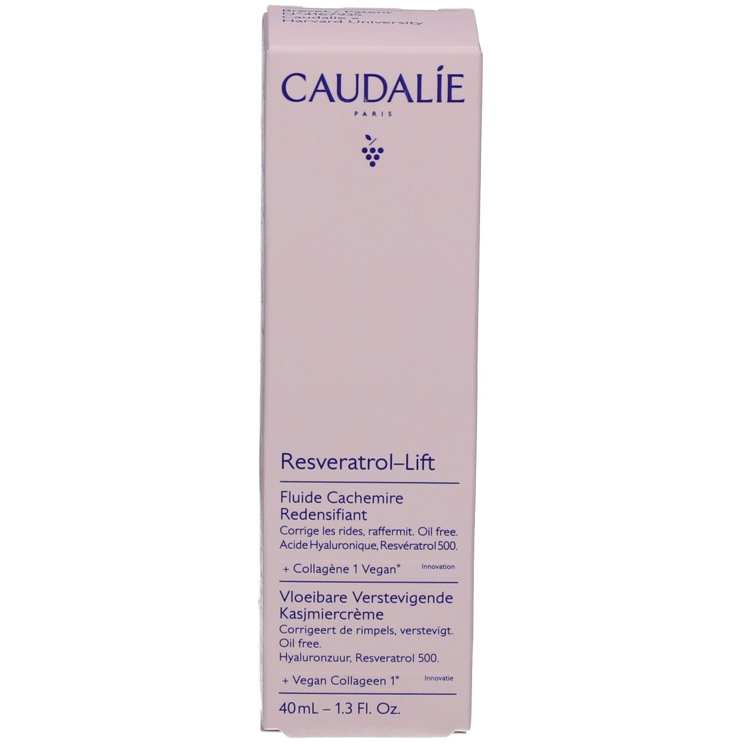 Produktverpackung. Caudalie Resveratrol-Lift Fluide Cachemire Redensifiant. Inhaltsstoffe und Produktinformationen.