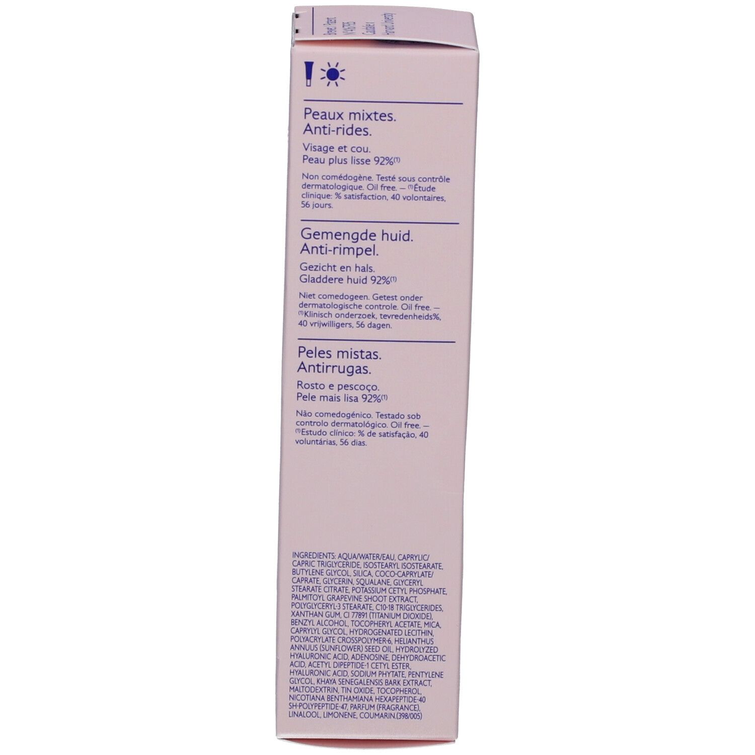 Produktverpackung. Informationen zu Hauttypen, Anti-Falten-Effekt und Inhaltsstoffe. Marke Caudalie.