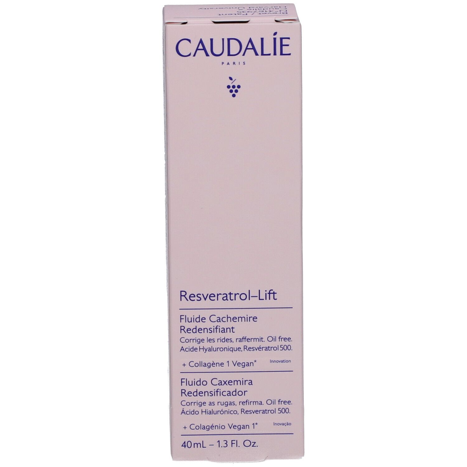 Produktverpackung. Caudalie Resveratrol-Lift Fluide Cachemire Redensifiant. Inhaltsstoffe und Produktinformationen.
