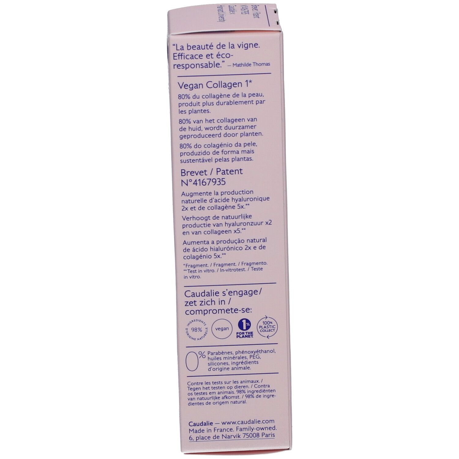 Produktverpackung. Informationen zu Inhaltsstoffen, Zertifizierungen und Hersteller. Marke Caudalie.