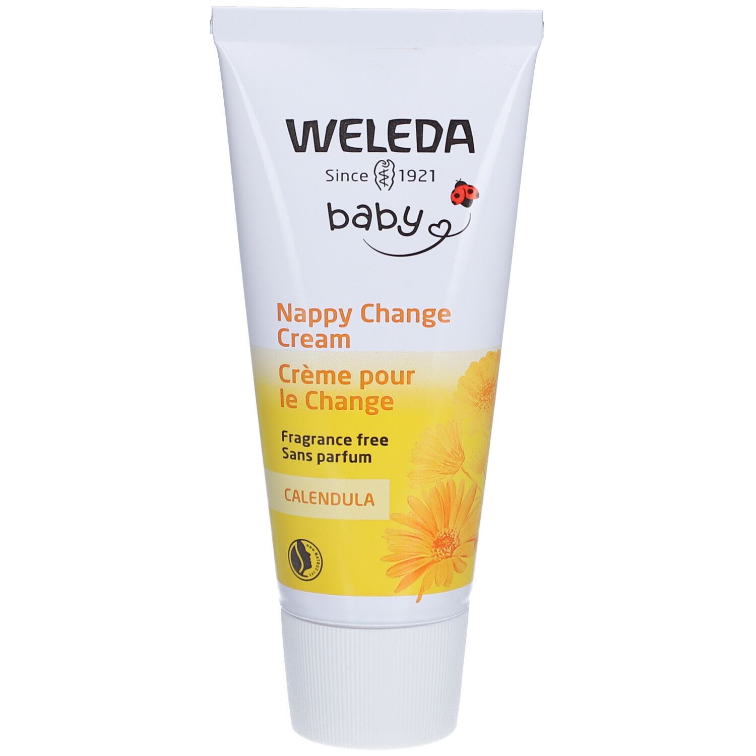 Weleda Baby Windelcreme, Tube. Aufschrift: Nappy Change Cream, Calendula, ohne Parfum.