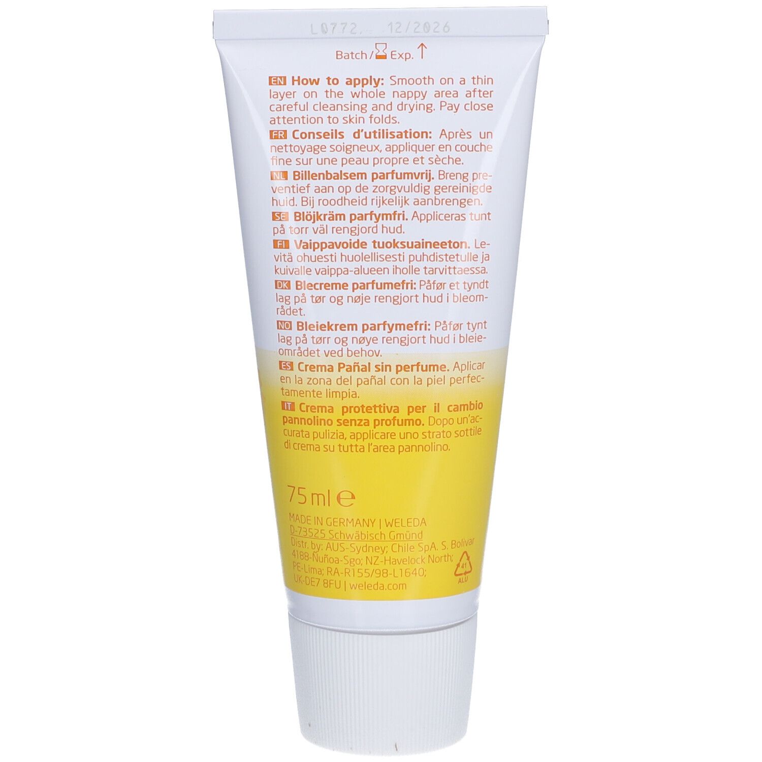 Rückseite der Weleda Baby Windelcreme-Tube. Text in mehreren Sprachen, Inhaltsstoffe, Chargennummer.
