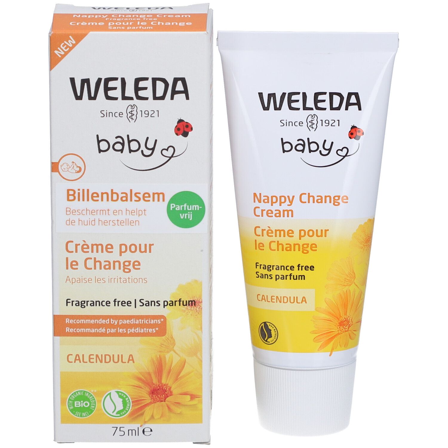 Weleda Baby Windelcreme und Verpackung. Aufschrift: Billenbalsem, Crème pour le Change, ohne Parfum.