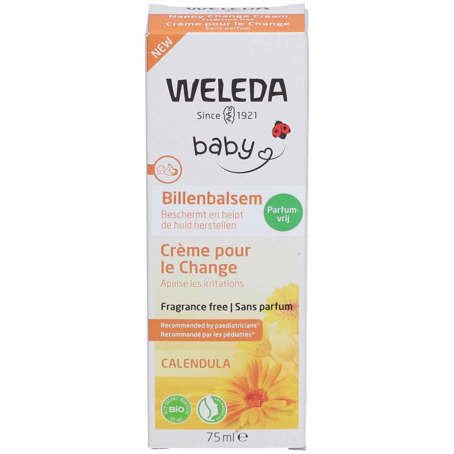 Weleda Baby Windelcreme Verpackung. Aufschrift: Billenbalsem, Crème pour le Change, ohne Parfum.
