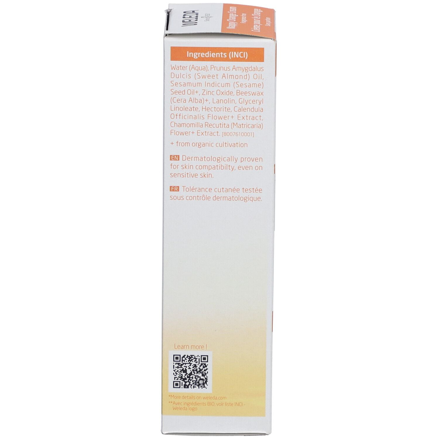 Rückseite der Weleda Baby Windelcreme Verpackung. Inhaltsstoffe, Text in mehreren Sprachen.