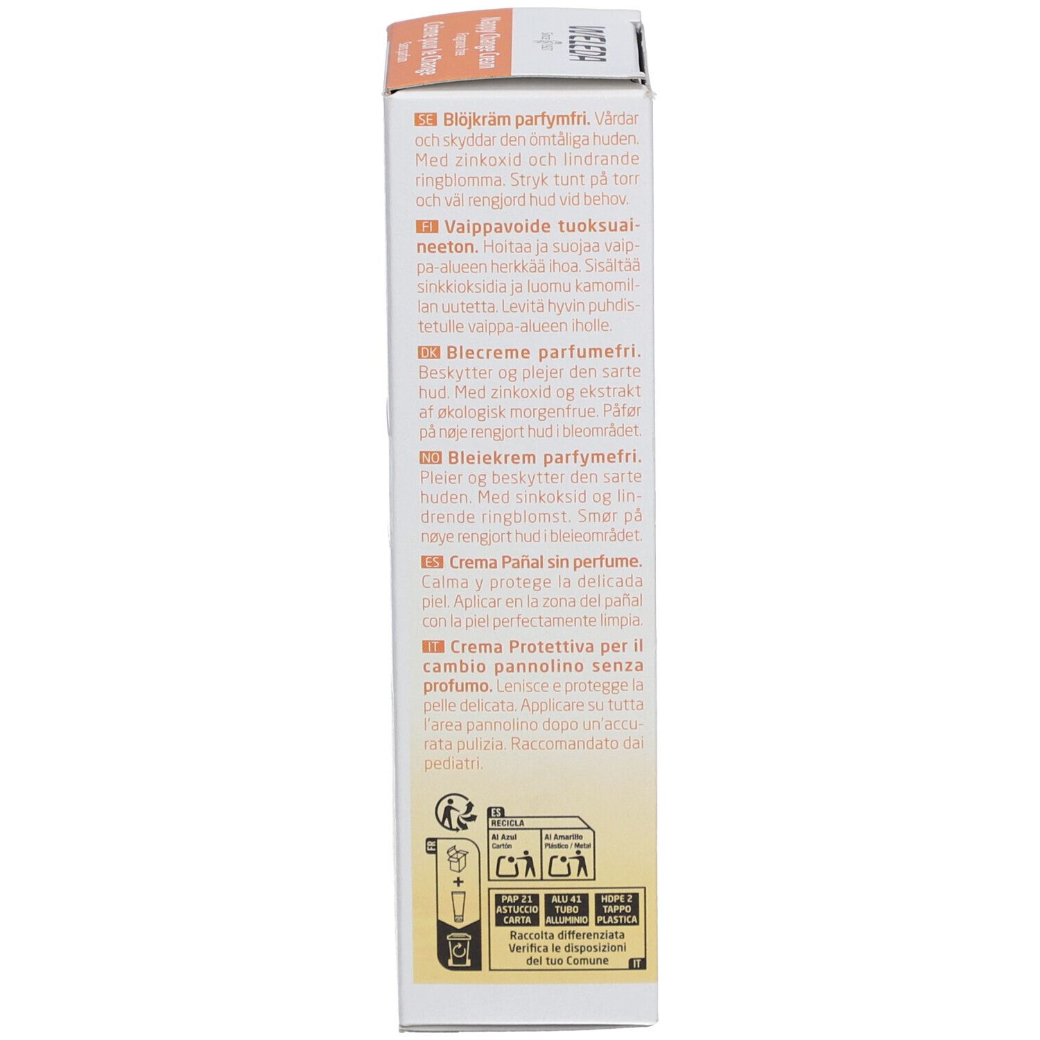 Rückseite der Weleda Baby Windelcreme Verpackung. Text in mehreren Sprachen, Produktinformationen.