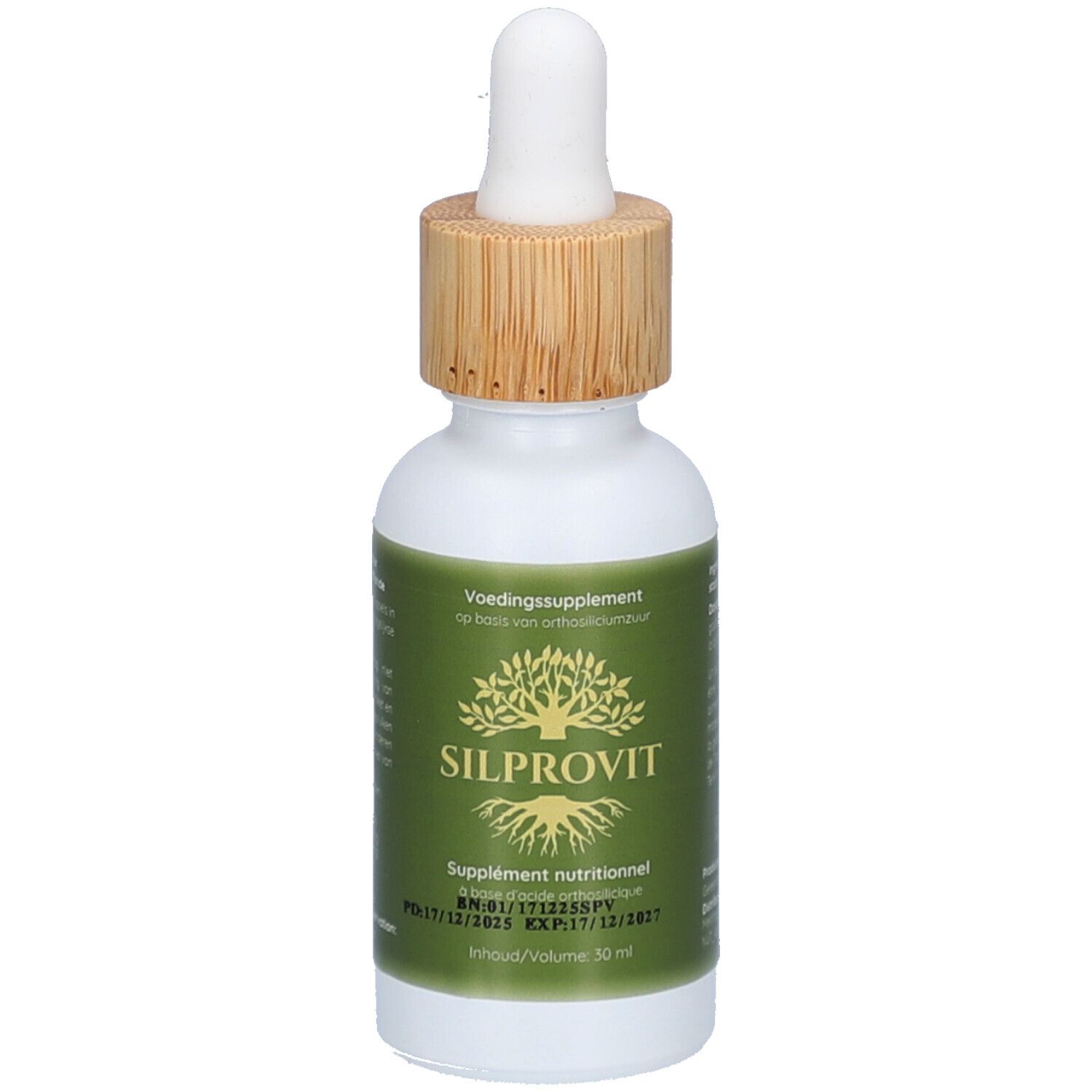Weißes Fläschchen mit braunem Holzverschluss und Pipette. Aufschrift SilProVit. Grünes Etikett mit Produktinformationen.