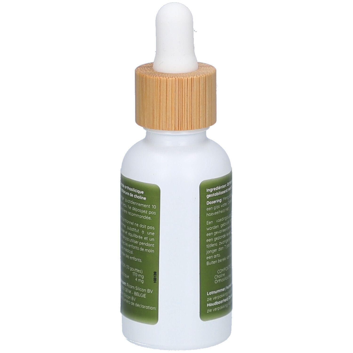 Rückseite des weißen Fläschchens mit braunem Holzverschluss und Pipette. Grünes Etikett mit Produktinformationen.