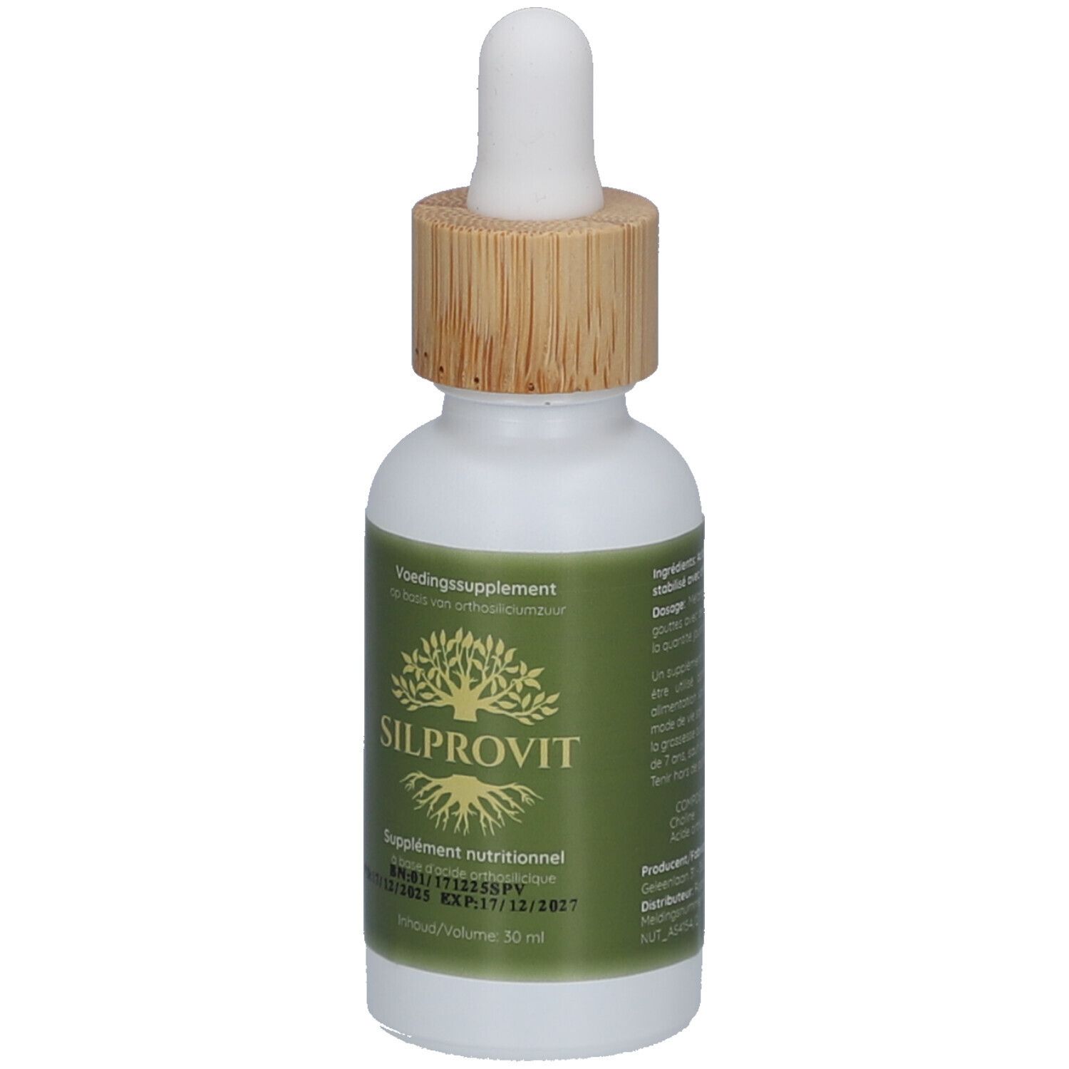 Weißes Fläschchen mit braunem Holzverschluss und Pipette. Aufschrift SilProVit. Grünes Etikett mit Produktinformationen.