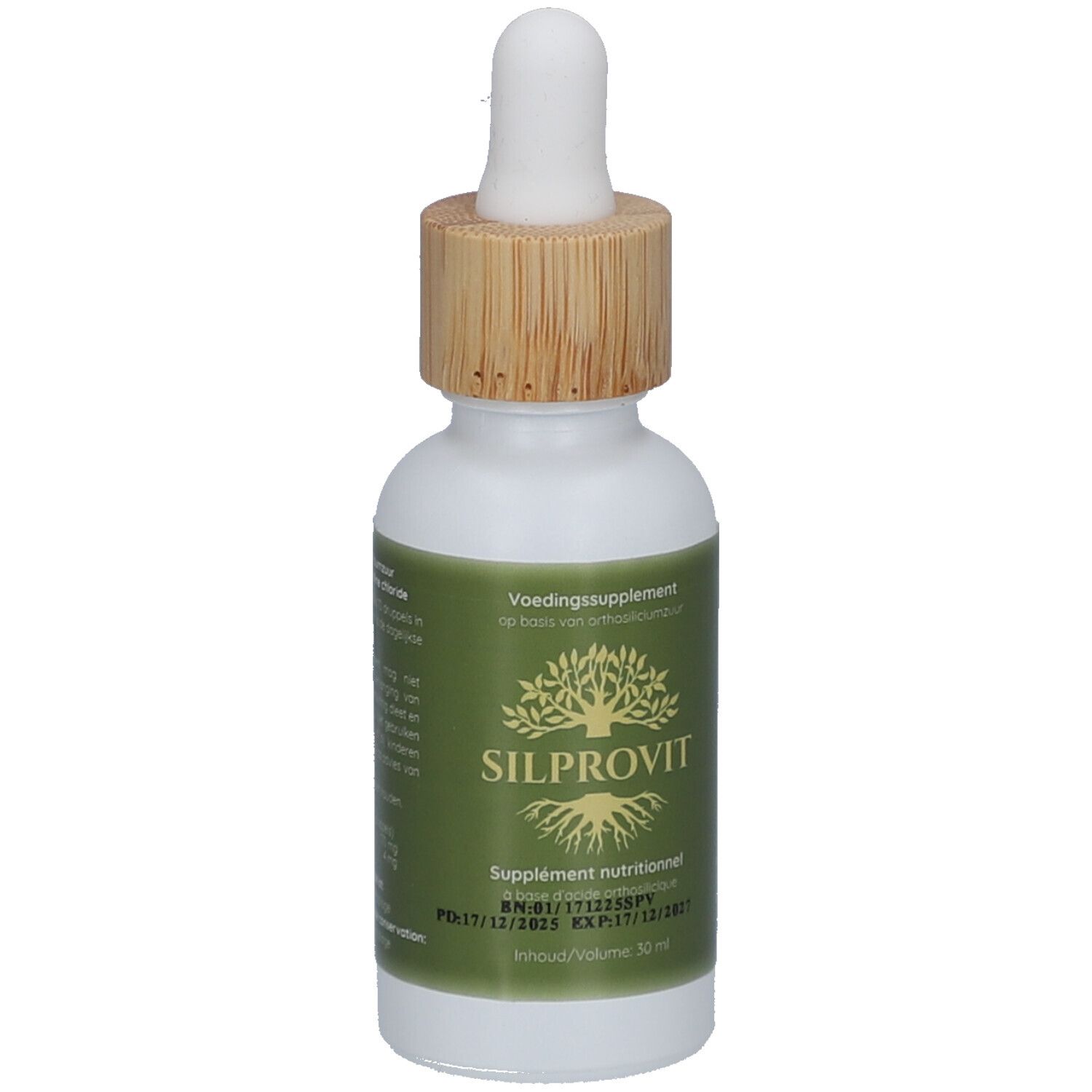 Weißes Fläschchen mit braunem Holzverschluss und Pipette. Aufschrift SilProVit. Grünes Etikett mit Produktinformationen.