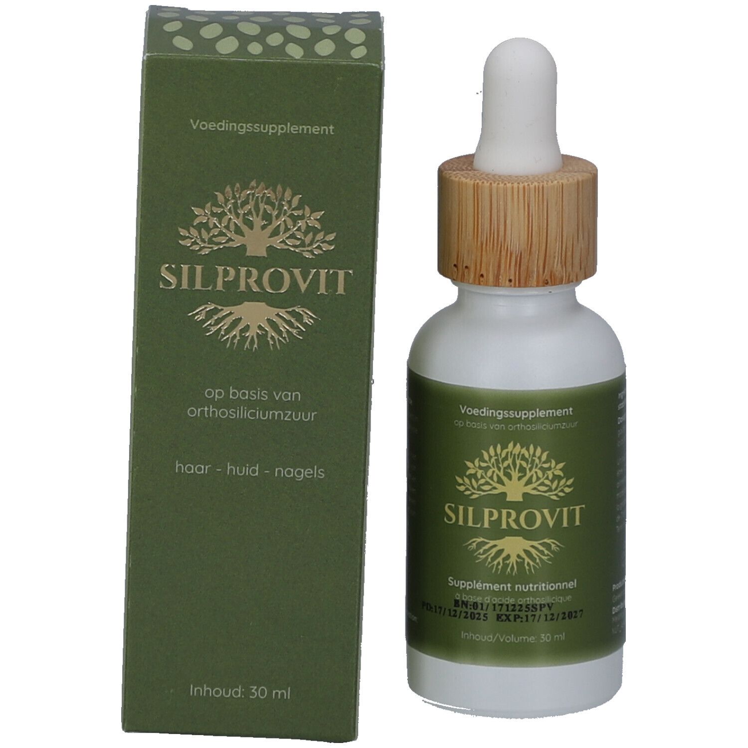 Grüne Verpackung mit Fläschchen und Pipette. Aufschrift SilProVit. Produktinformationen auf der Verpackung.