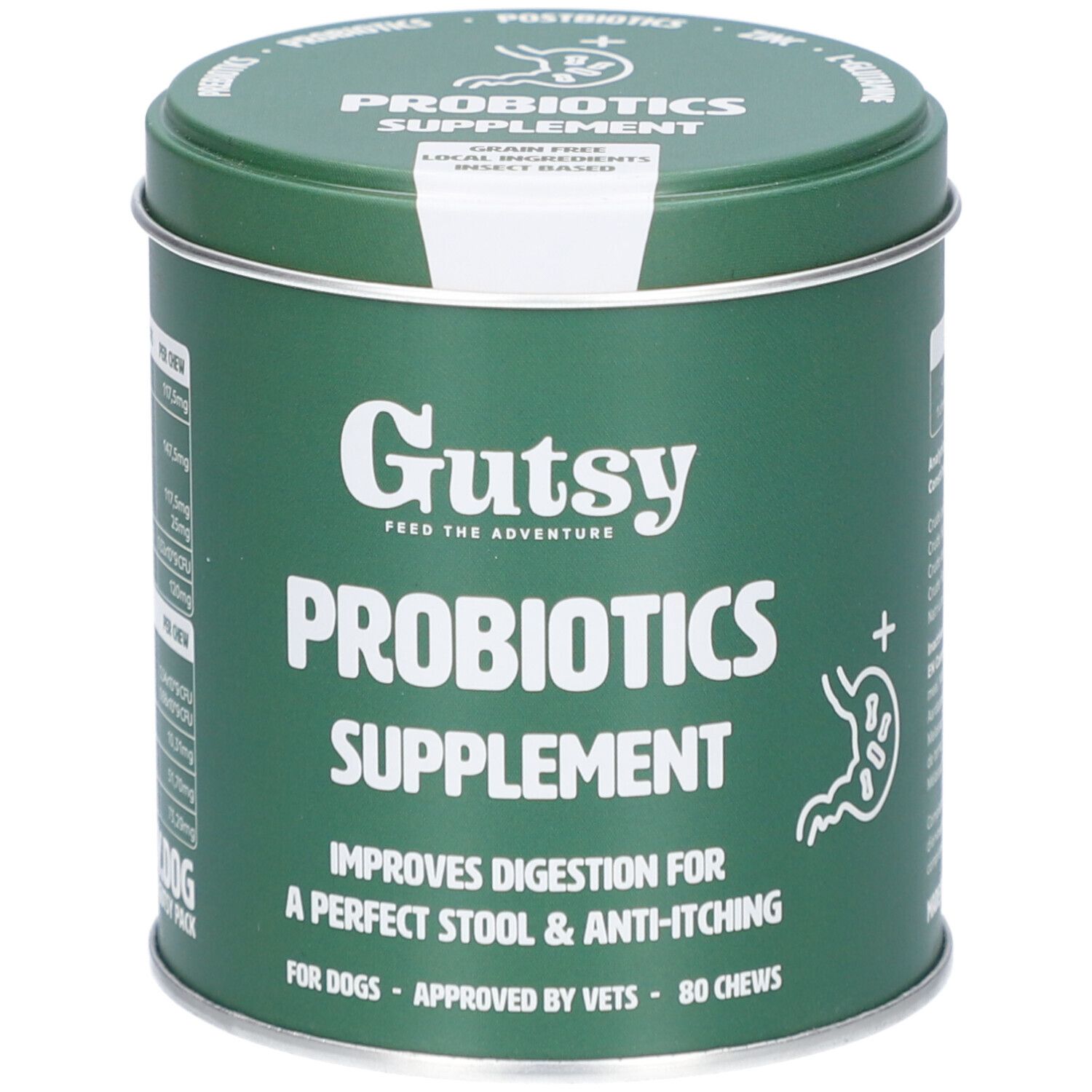 Grüne Dose mit "Gutsy Probiotics Supplement". Enthält 80 Kausnacks. Verbessert die Verdauung bei Hunden.