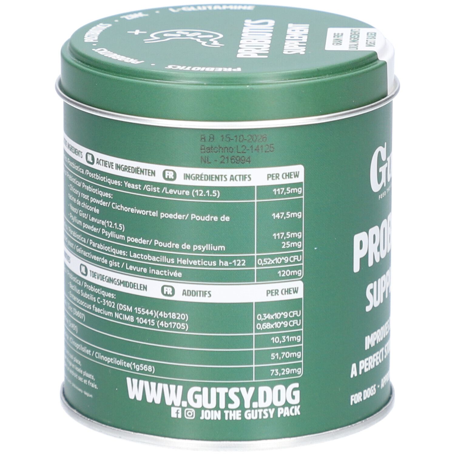 Grüne Dose mit Inhaltsstoffen. Enthält aktive Inhaltsstoffe und Zusatzstoffe. Website: www.gutsy.dog.